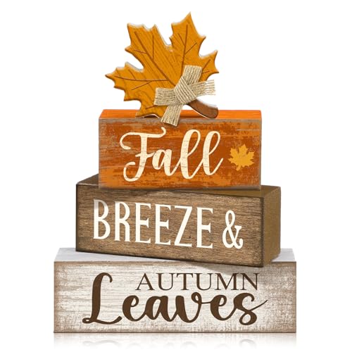 4 Pcs Wooden Fall Block Signs Farmhouse Tabletop Decor (Harvest Decoration)