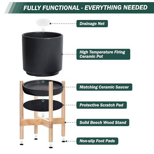 Ceramic Pot with Natural Wood Stand (12 Inch / Black Pot + Natural Stand)