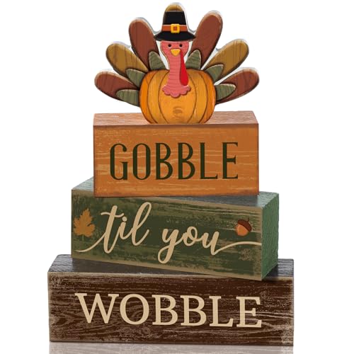 4 Pcs Fall Table Decor Thanksgiving Turkey Wooden Block Signs (Turkey)