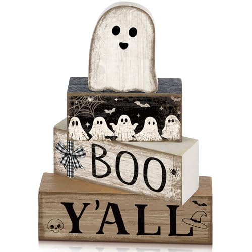 4 Pcs Halloween Table Decoration Wooden Ghost Tiered Tray Decor (Little Ghost)