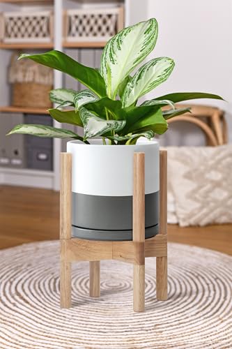 Ceramic Pot with Natural Wood Stand (8 Inch / White/Grey Pot + Natural Stand)