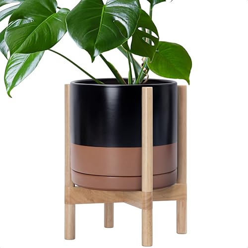 Ceramic Pot with Natural Wood Stand (12 Inch / Black/Speckled Tan Pot + Natural Stand)