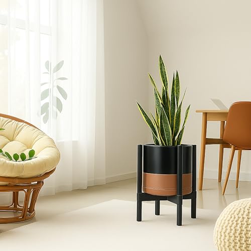 Ceramic Pot with Ebony Wood Stand (12 Inch / Black/Speckled Tan Pot + Ebony Stand)