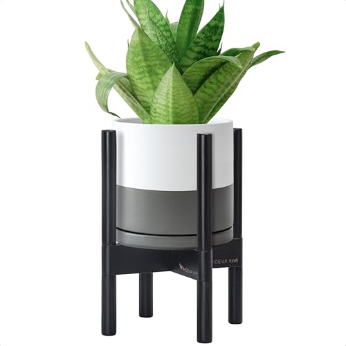 Ceramic Pot with Ebony Wood Stand (8 Inch / White/Grey Pot + Ebony Stand)