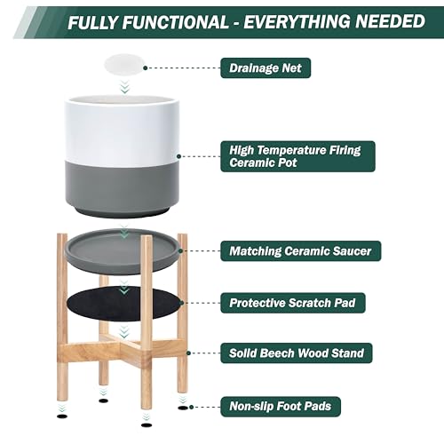 Ceramic Pot with Natural Wood Stand (8 Inch / White/Grey Pot + Natural Stand)
