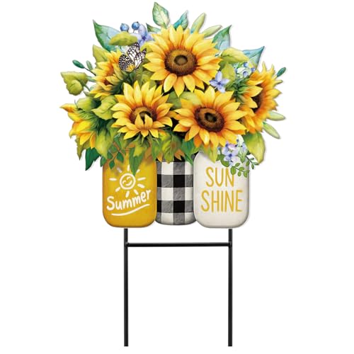 Summer Sunflower Outdoor Decor Metal Garden Stakes 25 Inch Summer Welcome Yard Signs Decorations Outdoor Sunflower Decorative Garden Stakes Patio Lawn Walkway Backyard Porch Decorations (Summer Sunflower Mason Jars)