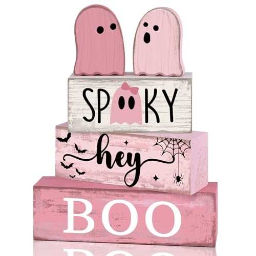 4 Pcs Pink Halloween Tiered Tray Decor (Pink Ghost)