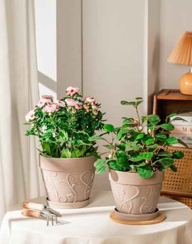 Plant Pots Indoor with Drainage & Saucer (Undecorated Pottery Color / 7/8 inch)
