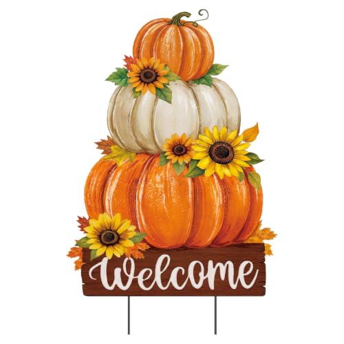 Fall Decorations Outdoor Metal Yard Sign Pumpkin Garden Stakes (Fall Pumpkin With Sunflowers)