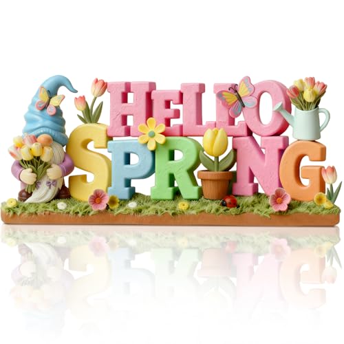 1 Pack Hello Spring Table Decoration Resin Spring Gnome Decorations for Home Pastel Flower Table Sign Festive Floral Statue Tabletop Centerpiece for House Tabletop Tiered Tray Fireplace Decor (8 Inch / Hello Spring)