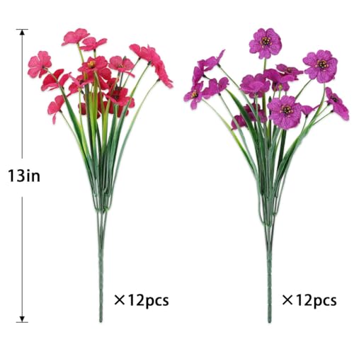 24PCS UV Resistant Artificial Flowers for Outdoors (Purple+rosy Red / 24PCS)