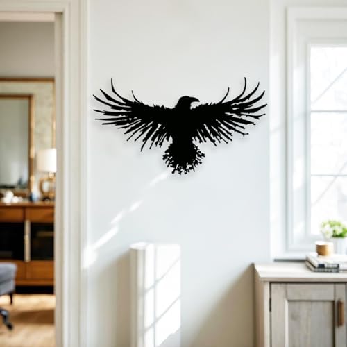 Metal Viking Raven Wall Art Norse Mythology Crow Wall Decor with Gothic Metal Wall Sculpture Suitable for Living Room Bedroom Indoor Outdoor Garden Home (23.3"L x 13"W)