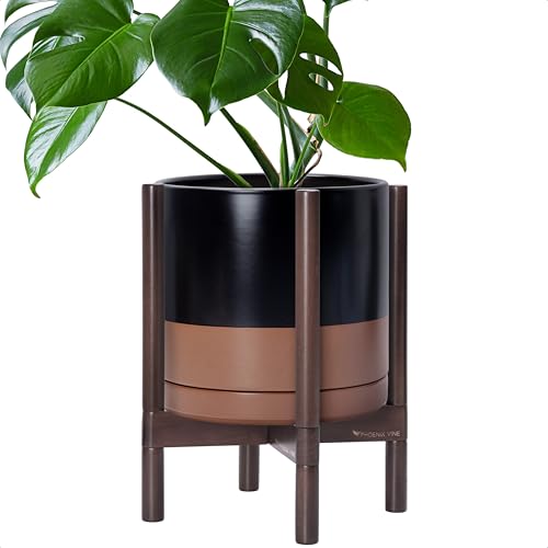 Ceramic Pot with Walnut Wood Stand (12 Inch / Black/Speckled Tan Pot + Walnut Color Stand)