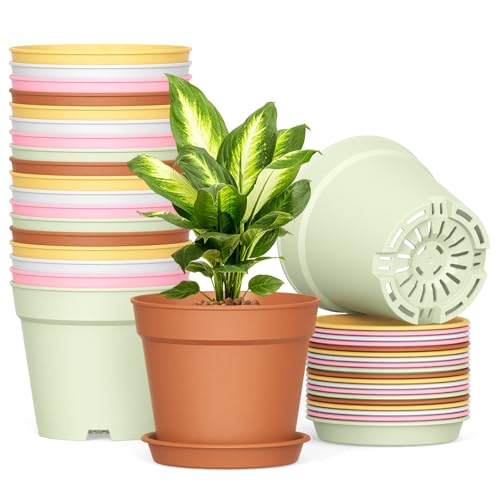 20 Pack 6 Inch Plant Pots with Drainage and Saucers (20-Pack / Colorful)