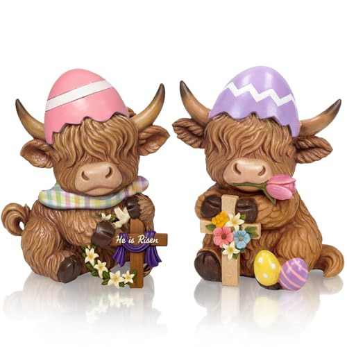 2 Pack Easter Highland Cow Figurines (4 Inch / Easter Highland Cow)