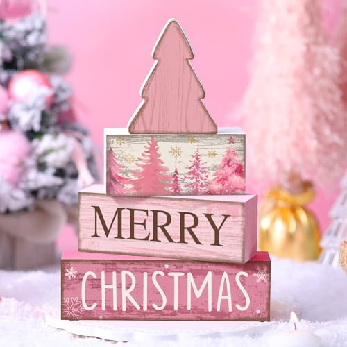4 Pcs Wooden Merry Christmas Block Signs Pink Farmhouse Decor (Pink Christmas)