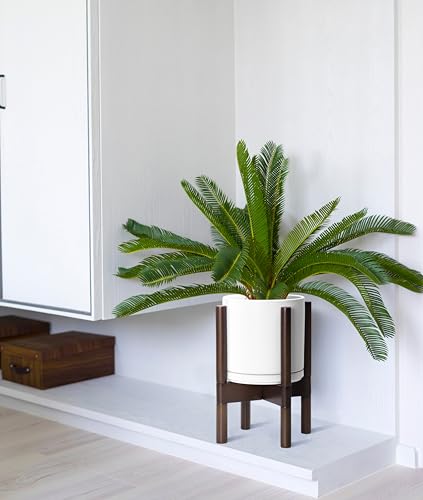 Ceramic Pot with Walnut Wood Stand (8 Inch / White Pot + Walnut Color Stand)