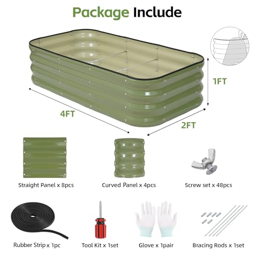 3-in-1 Modular Raised Garden Bed Kit - Adjustable Sizes (4x2x1ft, 3x3x1ft, 5x1x1ft) - Heavy-Duty Galvanized Steel Planter Box with Bracing Rods & Gloves for Vegetables, Fruits, Flowers (Green / 4×2×1FT)