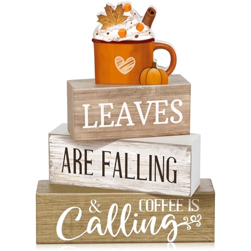 4 Pcs Fall Coffee Table Decor Wooden Pumpkin Latte Block Signs (Coffee)
