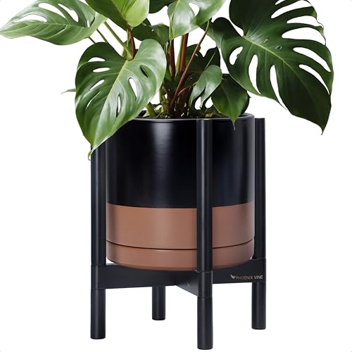Ceramic Pot with Ebony Wood Stand (12 Inch / Black/Speckled Tan Pot + Ebony Stand)