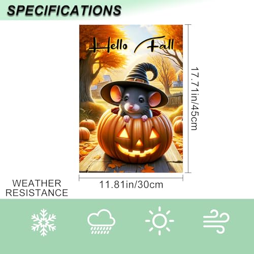 Halloween Welcome Witch Hat Garden Flag 12x18 Inch Double Sided (Mouse Pumpkin Hat Hello Fall)