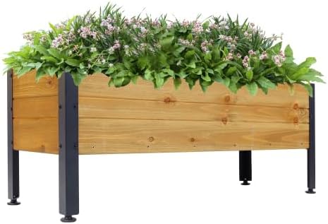 LuckyNote】Wood Rectangular Garden Planter Box Raised Bed Outdoor,Planters for Outdoor Plants,Elevated Herbs Vegetables Flowers Great Patio Deck Balcony,37x12.75x14.75 Inch,Fir Wood with Metal Legs