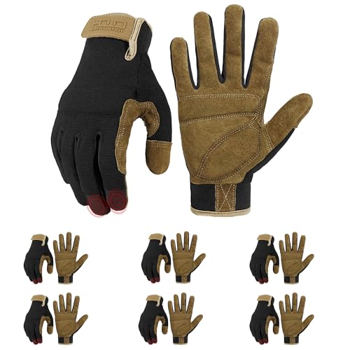 Work Gloves for Men & Women (Brown Black (6 Pairs) / X-Large)