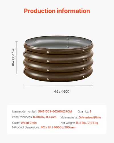 3 Pcs 2x2x1ft Round Galvanized Raised Garden Bed Kit (Brown / 2x2x1 FT)