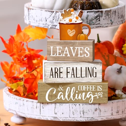 4 Pcs Fall Coffee Table Decor Wooden Pumpkin Latte Block Signs (Coffee)