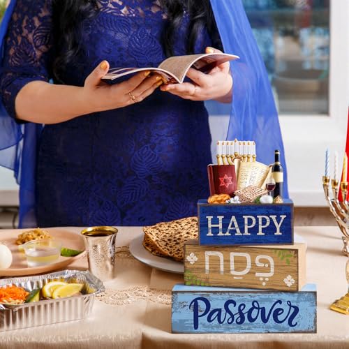 4 Pcs Wooden Passover Block Signs Farmhouse Tiered Tray Decor (Passover)