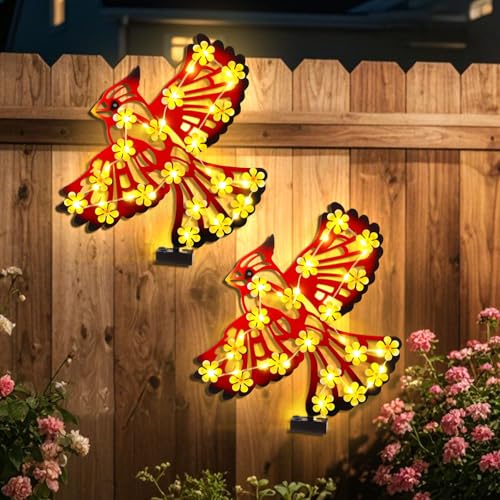 Metal Cardinal Outdoor Wall Decor with 30 Led Solar Lights (Red-cardinal)
