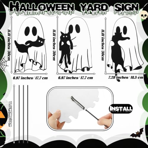 3 Pcs Metal Halloween Yard Decorations (Ghost Cat / Black,White)