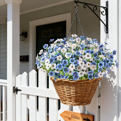 16PCS UV Resistant Artificial Flowers for Outdoors (White+blue / 16PCS)