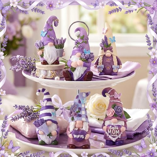 6 Pcs Purple Lavender Gnomes Mother's Figurines Lavender Gnomes with Best Mom Ever (4 Inch / Mother's Day Lavender)