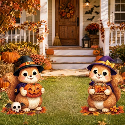 2 Pack Halloween Cute Witch Squirrel Garden Stakes Pumpkin Metal Yard Sign for Fall Autumn Outdoor Halloween Party Decorations (Halloween)