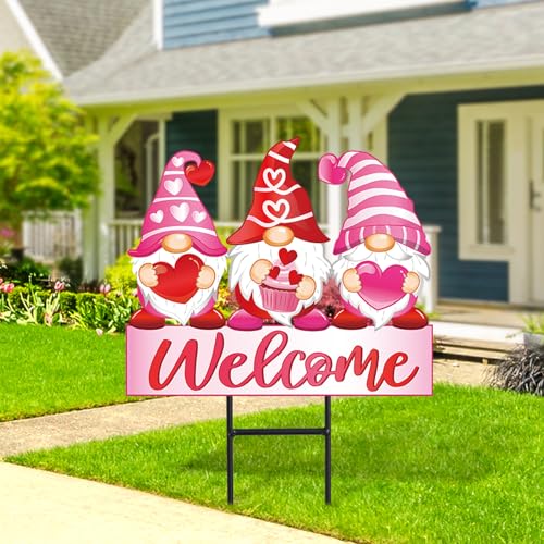 Valentine's Day Metal Garden Stakes Red Pink Heart Gnome Yard Stake Decorative Welcome Lawn Sign for Wedding Anniversary Home Outside Lawn Porch Decor (Valentine's Day)