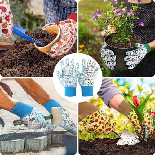 Floral Gardening Gloves for Women (3 Pairs - Green + Purple + Blue Flowers)