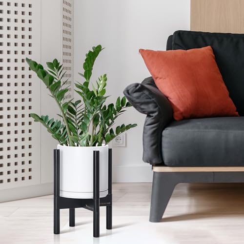Ceramic Pot with Ebony Wood Stand (8 Inch / White Pot + Ebony Stand)