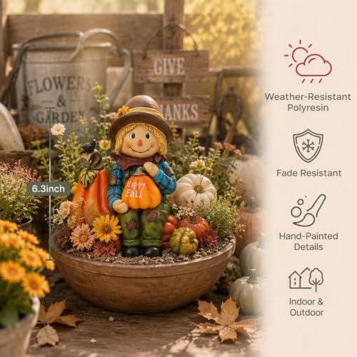 Fall Outdoor Decor Scarecrow Pumpkin Solar Statue 6.3" (Medium)
