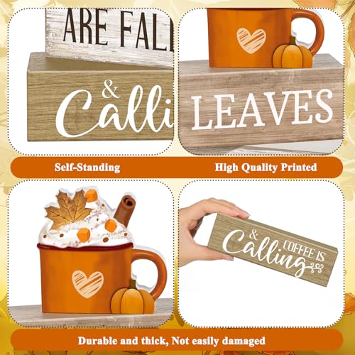 4 Pcs Fall Coffee Table Decor Wooden Pumpkin Latte Block Signs (Coffee)
