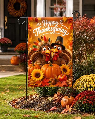 Happy Thanksgiving Turkey Garden Flag 12 x 18 inch Double Sided Outside decorations (G093)