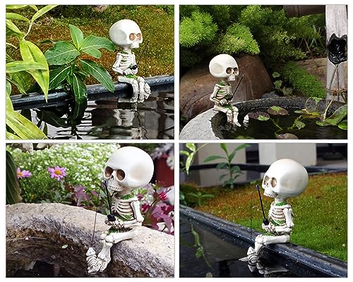 Style Fishing Skeleton Statue 4.5 Inch Mini Skull Figurines Halloween Gothic Decor Resin Cute Skull Fisher Sculpture for Outdoor Garden Pond Fountain Poolside