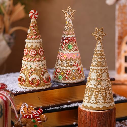 3 Packs Gingerbread Christmas Tree Figurines Resin Tabletop Decor (5 Inch / Gingerbread Tree)