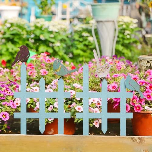 3 Pcs Small Garden Fence with 6 Piece Bird Decoration (Blue)