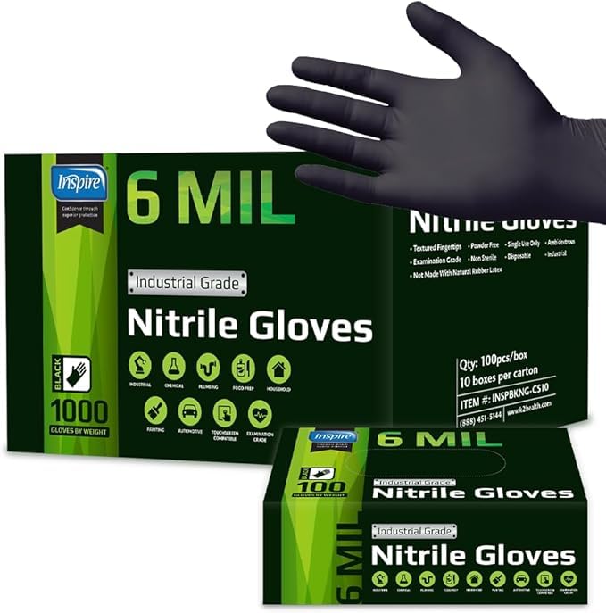 Black Nitrile Gloves HEAVY DUTY 6 Mil Nitrile Chemical Resistant Medical Cooking Cleaning Disposable Black Gloves Case (Large / Black 6mil Case of 1000)