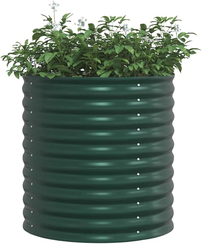 vidaXL Green Garden Raised Bed 31.5 x 31.5 x 31.9 in Galvanized Steel Planter Modern Design Durable for Outdoor Use Unique Oval Shape Spacious Planting Area Container for Vegetables Flowers Herbs