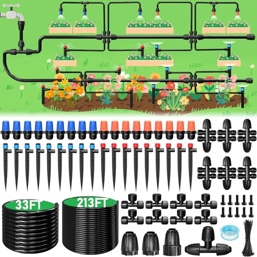 246FT Drip Irrigation System (33FT Main Tube+ 213FT 1/4'' Tube)