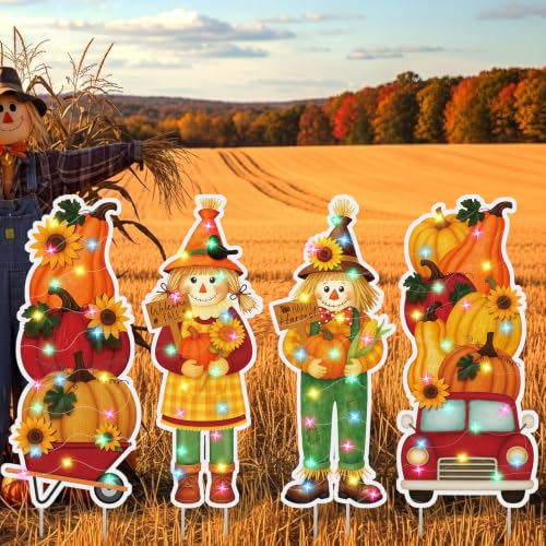 4 Pcs Fall Outdoor Decorations Metal Pumpkin Scarecrow Yard Sign with LED (Scarecrow)