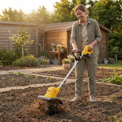 Battery Powered Garden Tiller Compatible with DeWalt 20V Battery (Yellow-No Battery)