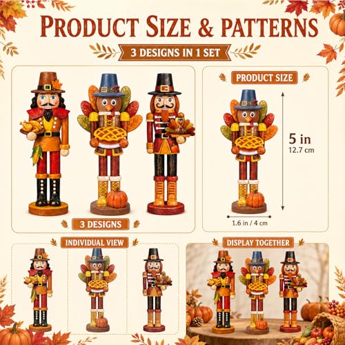3 Pcs Fall Thanksgiving Nutcracker Turkey Figures Fall Table Decor (5 Inch / :Thanksgiving Nutcracker)
